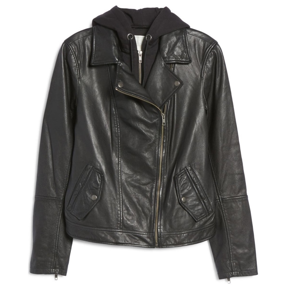 Caslon • NWOT Black Leather Moto Jacket With Removable Hood